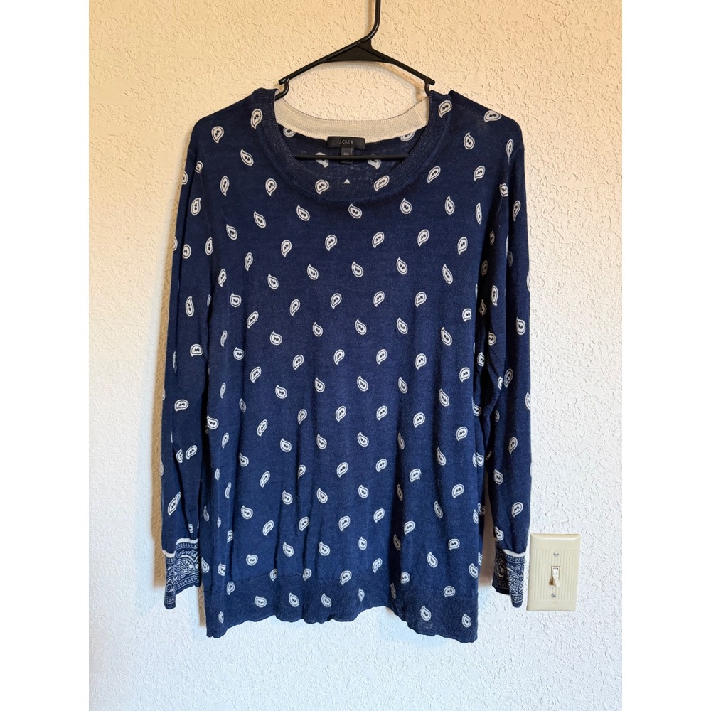 J.Crew Womens XXL Navy Blue Paisley 100% Merino Wool Pullover Sweater Academia